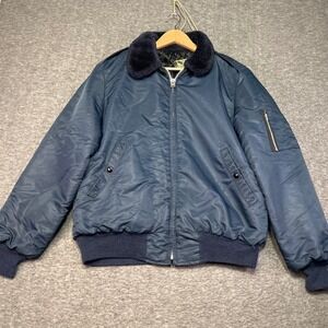 Vintage Timber King Mens Medium Jacket Navy Blue Bomber Fuzzy Collar‎ Insulated